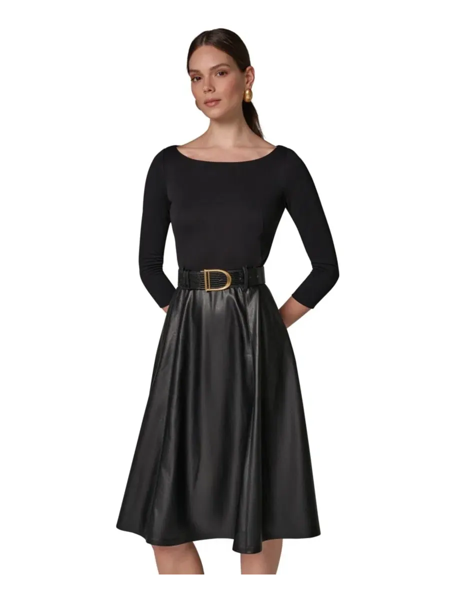 Платье-трапеция с поясом Mixed Media Belted Fit & Flare Donna Karan New York — изображение 3 из 7, черный