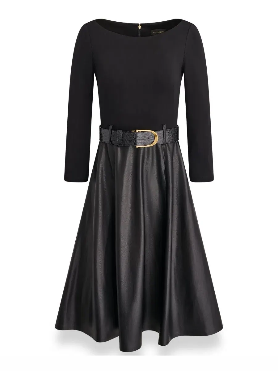 Платье-трапеция с поясом Mixed Media Belted Fit & Flare Donna Karan New York — изображение 5 из 7, черный