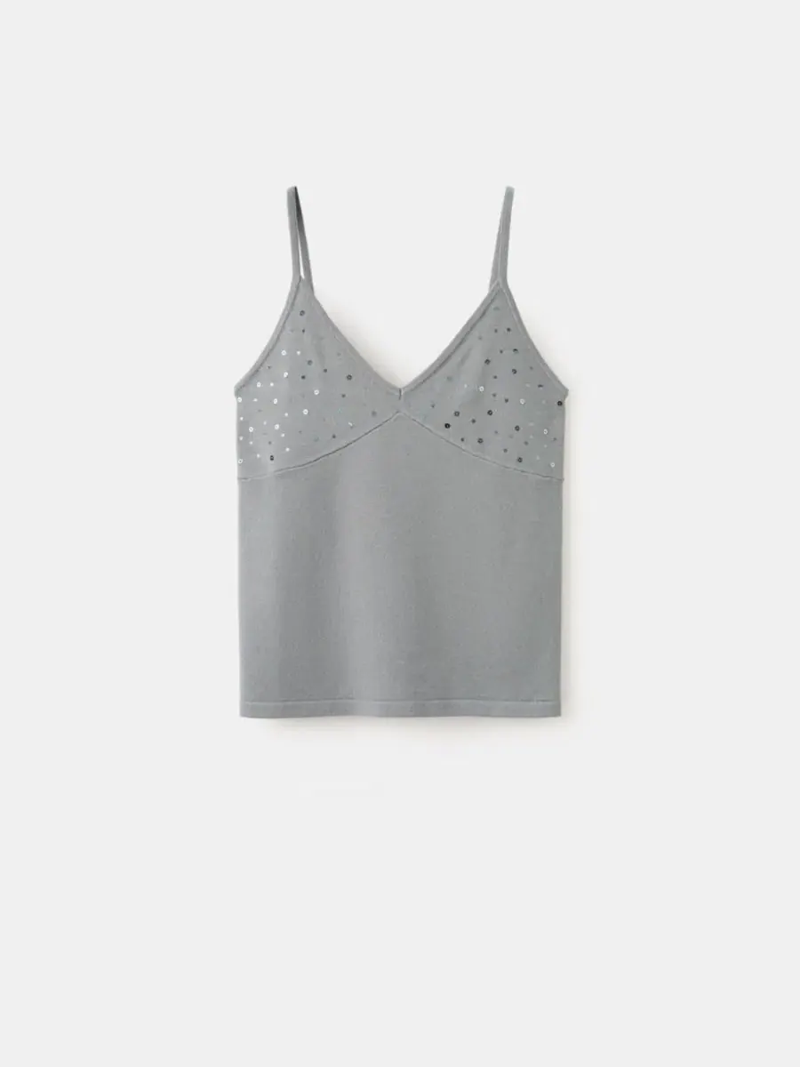 Топ с тонкими бретелями и блестками, без рукавов, Sparkly Top With Fine Straps MANGO — изображение 2 из 7, светлый серый