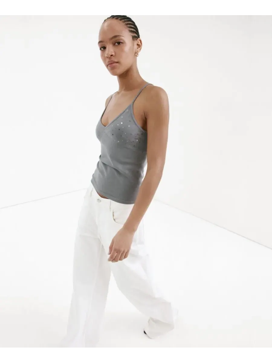 Топ с тонкими бретелями и блестками, без рукавов, Sparkly Top With Fine Straps MANGO — изображение 5 из 7, светлый серый