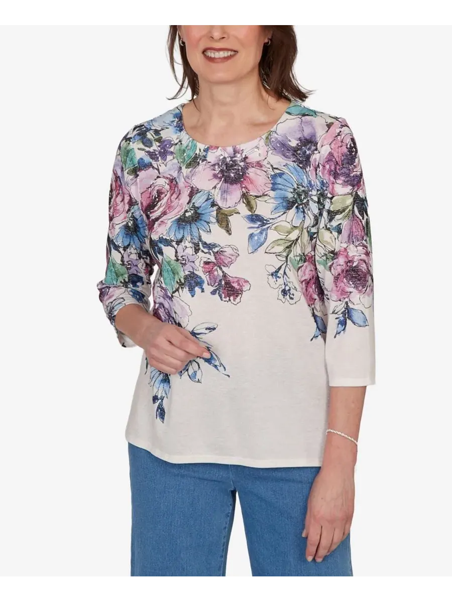 Блузка с принтом роз и круглым вырезом, Petite Falling Roses Knit Alfred Dunner