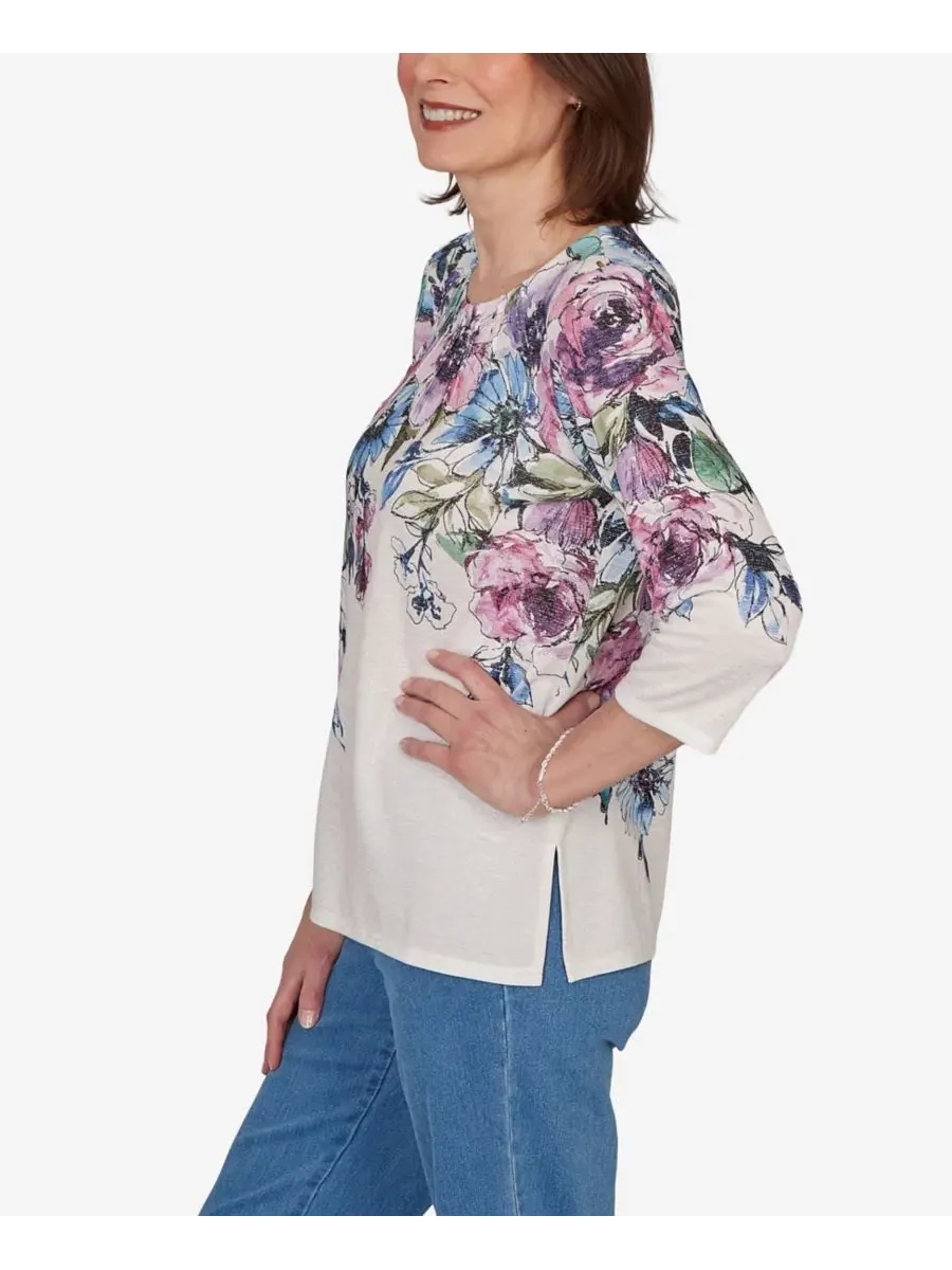 Блузка с принтом роз и круглым вырезом, Petite Falling Roses Knit Alfred Dunner — изображение 3 из 5, мульти