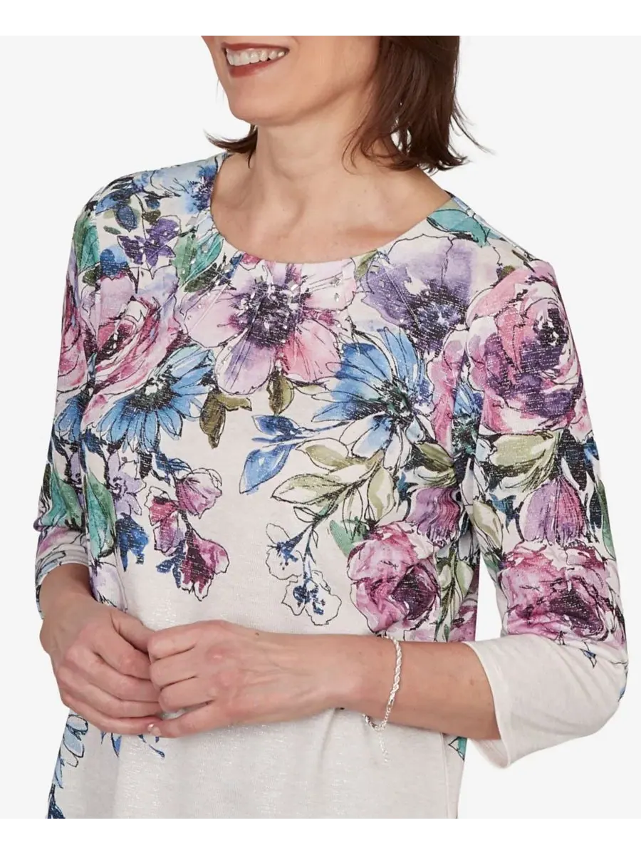 Блузка с принтом роз и круглым вырезом, Petite Falling Roses Knit Alfred Dunner — изображение 4 из 5, мульти