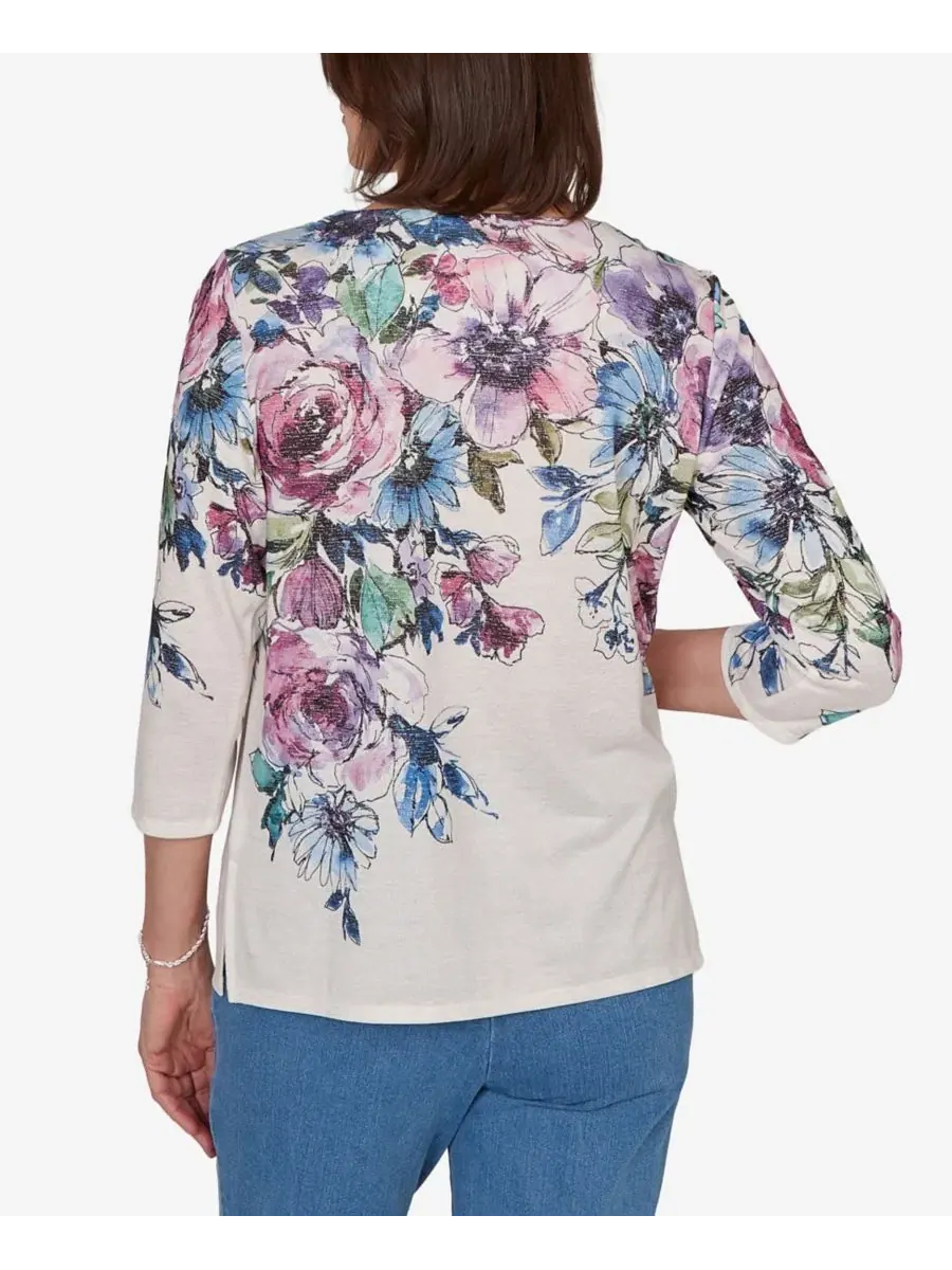 Блузка с принтом роз и круглым вырезом, Petite Falling Roses Knit Alfred Dunner — изображение 5 из 5, мульти