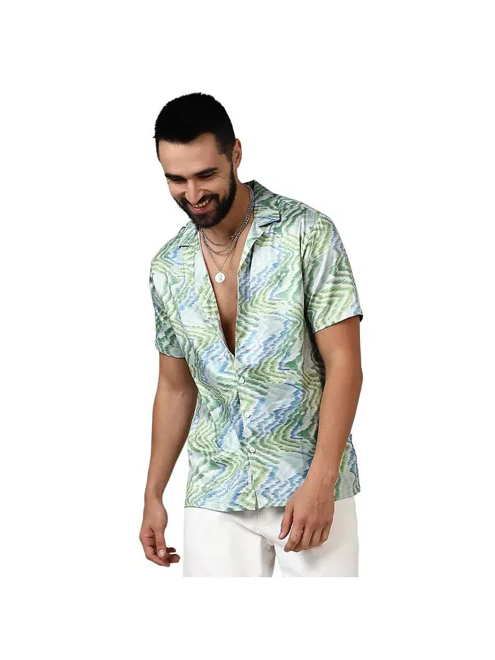 Мужская рубашка Grass Green & Navy Blue Ripple Campus Sutra