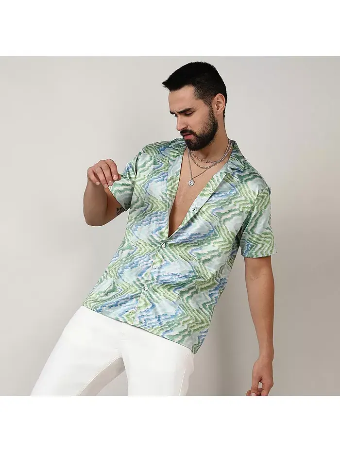 Мужская рубашка Grass Green & Navy Blue Ripple Campus Sutra — изображение 7 из 8, синий