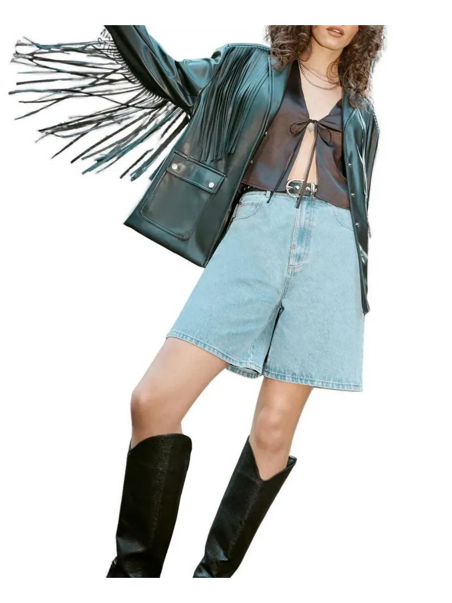 Куртка из искусственной кожи с бахромой и поясом Nasty Gal — изображение 2 из 8, черный