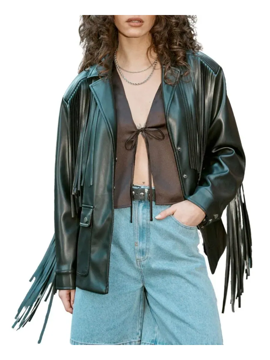 Куртка из искусственной кожи с бахромой и поясом Nasty Gal — изображение 3 из 8, черный
