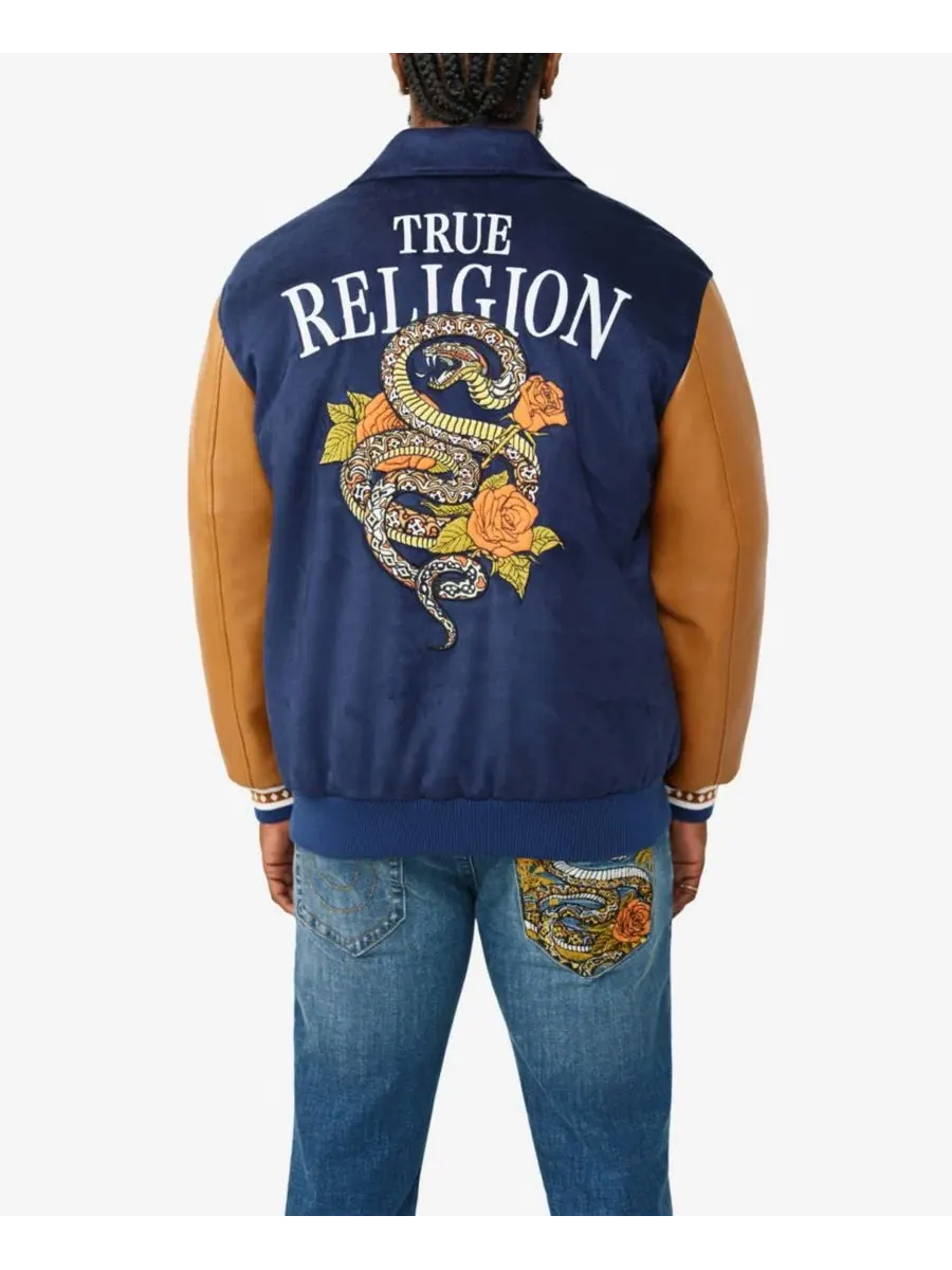 Куртка мужская из искусственной замши с принтом Serpent Bomber Jacket True Religion — изображение 3 из 3, синий