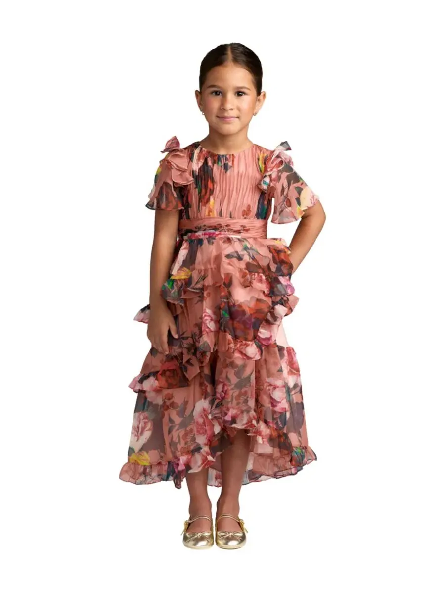 Платье-макси из шифона с принтом Ruffle High-Low Mac Duggal