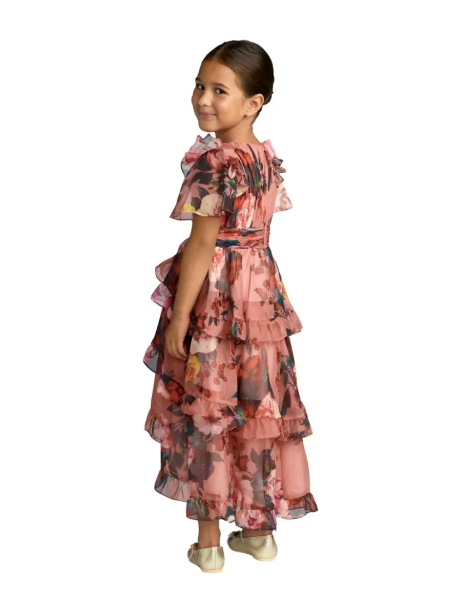 Платье-макси из шифона с принтом Ruffle High-Low Mac Duggal — изображение 2 из 3, розовый мульти