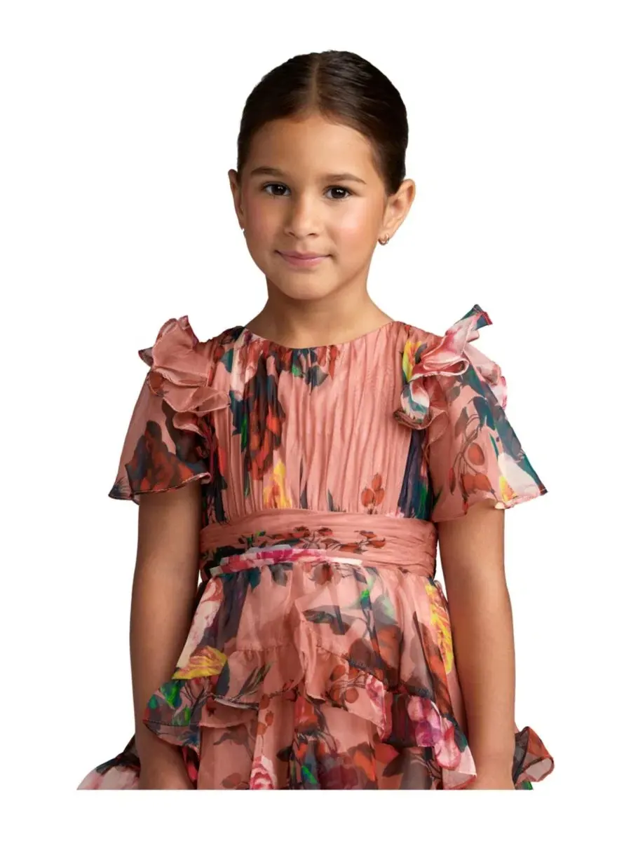 Платье-макси из шифона с принтом Ruffle High-Low Mac Duggal — изображение 3 из 3, розовый мульти