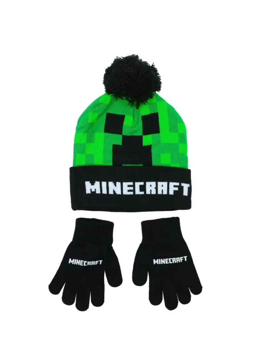 Комплект из двух шапок и варежек Creeper TNT Minecraft — изображение 6 из 8, черный оранжевый белый