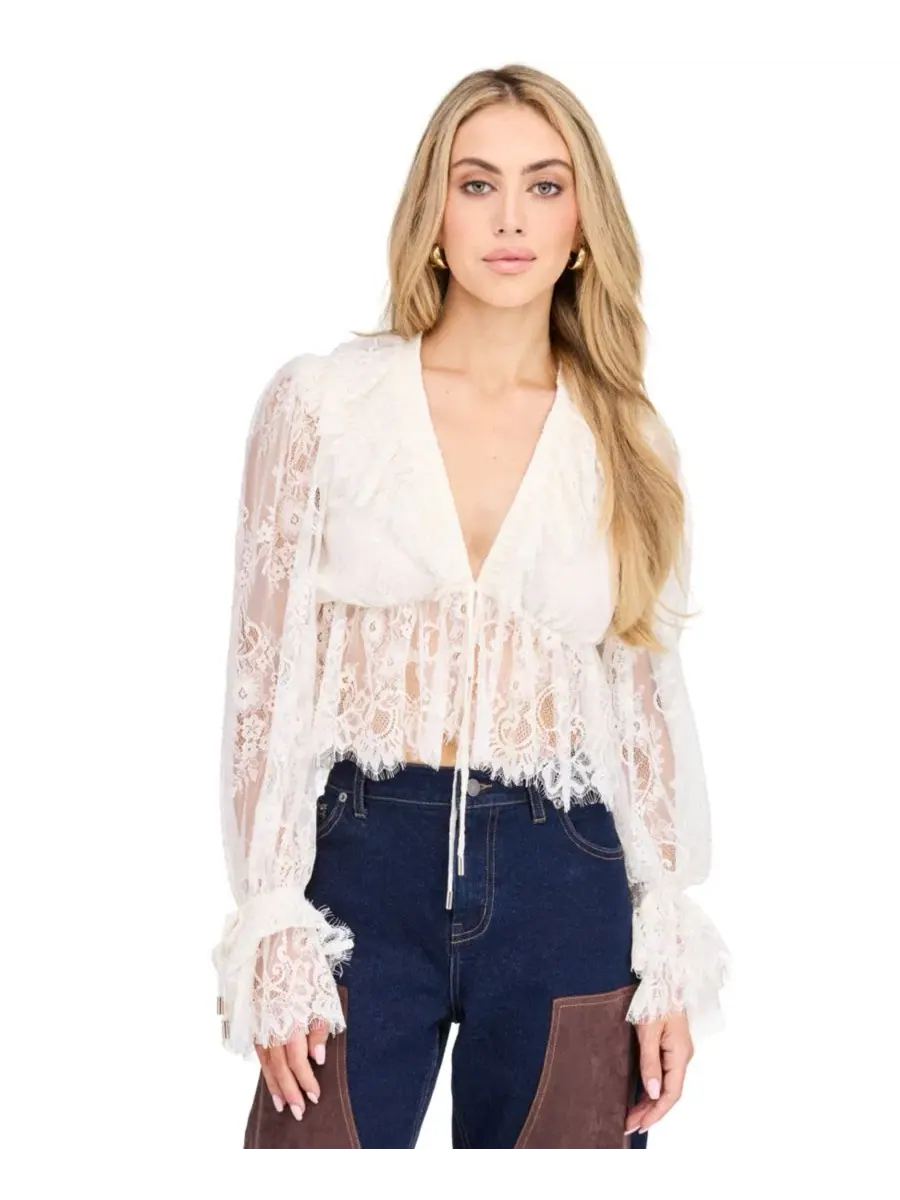 Блузка с кружевом Mila Eyelash Lace Long-Sleeve V-Neck Blouse Kittenish — белый