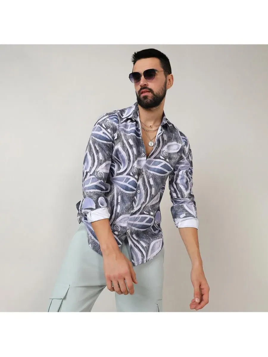 Рубашка с длинным рукавом с принтом Marble Foliage Campus Sutra — изображение 5 из 8, синий