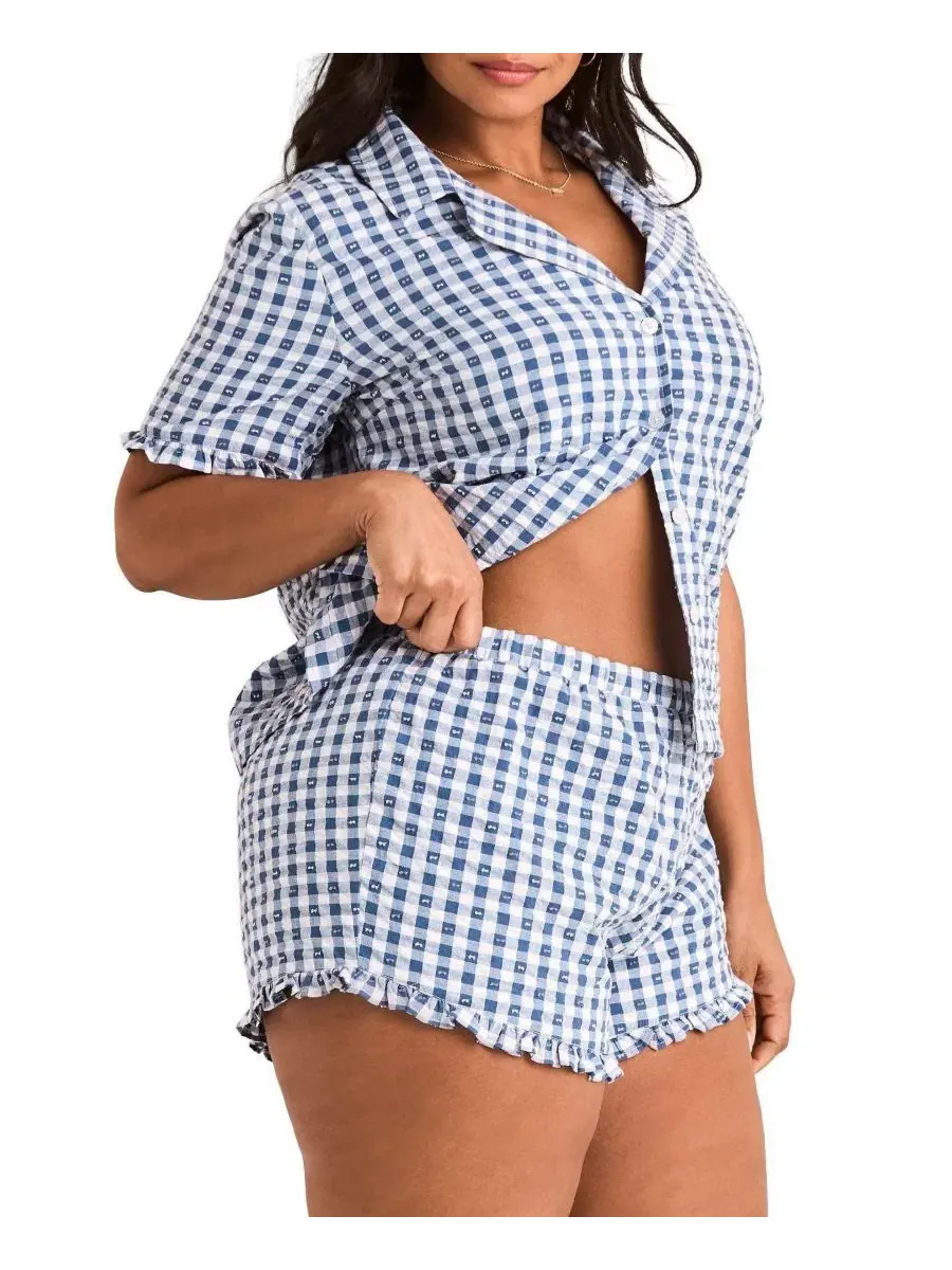 Комплект пижамы с рубашкой и шортами Barbara Plus Size Adore Me — изображение 2 из 5, синий