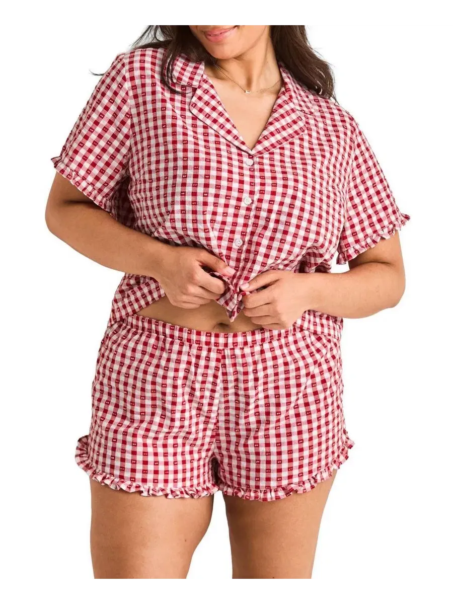 Комплект пижамы с рубашкой и шортами Barbara Plus Size Adore Me — изображение 2 из 5, красный