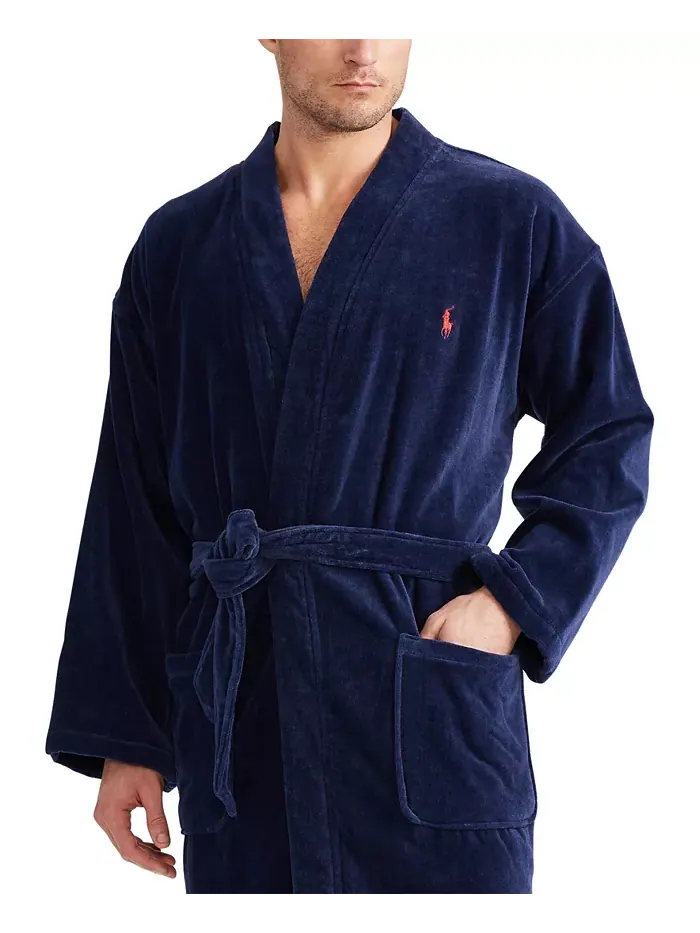 Мужской халат-кимоно из мягкого велюра и хлопка для сна Polo Ralph Lauren — изображение 2 из 4, темно-синий