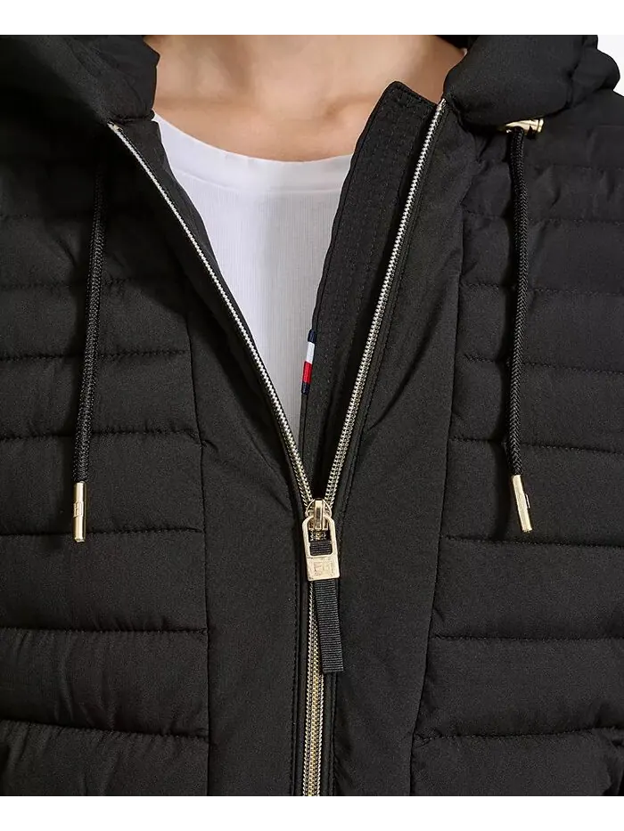 Женское складное стеганое пальто с капюшоном Tommy Hilfiger — изображение 4 из 6, черный