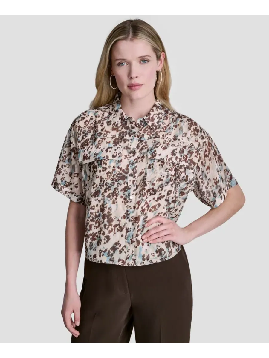 Блуза с воротником и принтом, модель Printed Collared Shirt DKNY