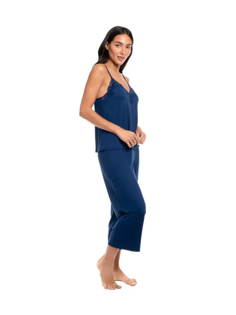 Комплект пижамы с топом без рукавов и брюками, модель Lace Trim Top and Cropped Pants Linea — изображение 2 из 4, темно-синий