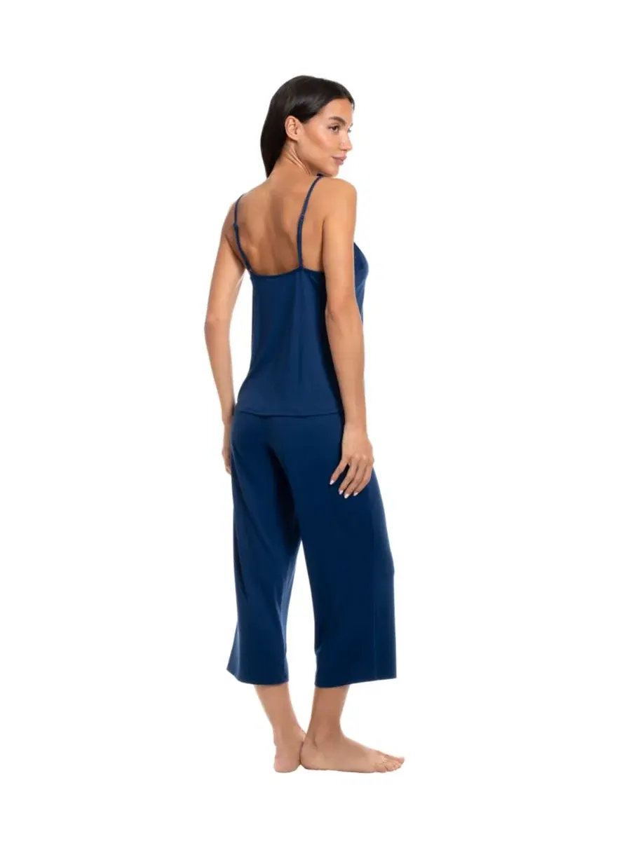 Комплект пижамы с топом без рукавов и брюками, модель Lace Trim Top and Cropped Pants Linea — изображение 4 из 4, темно-синий