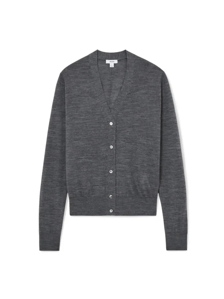 Кардиган женский с V-образным вырезом, длинным рукавом, Simi Merino Wool REISS — изображение 5 из 5, темно-серый серый