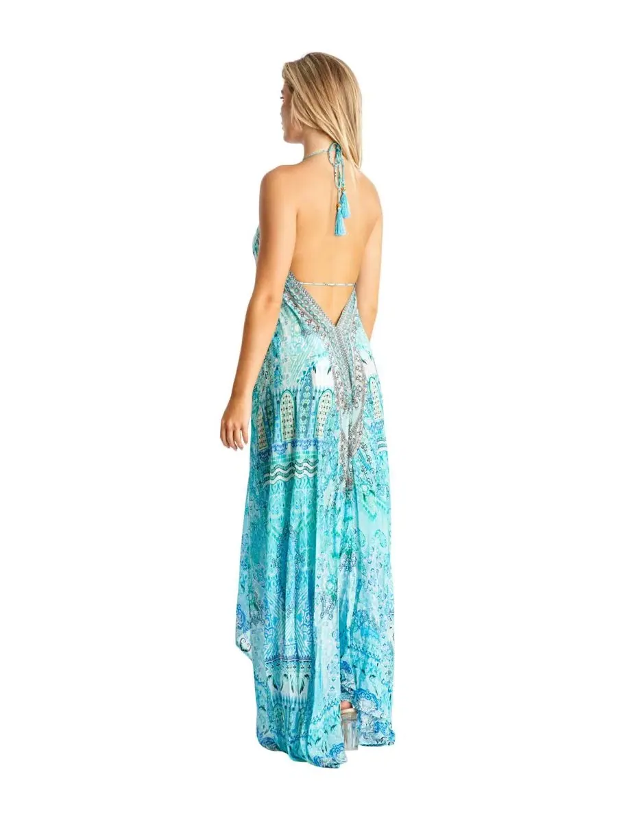 Макси-платье с принтом, модель Women's Maxi halter neck dress La Moda Clothing — изображение 2 из 3, синий
