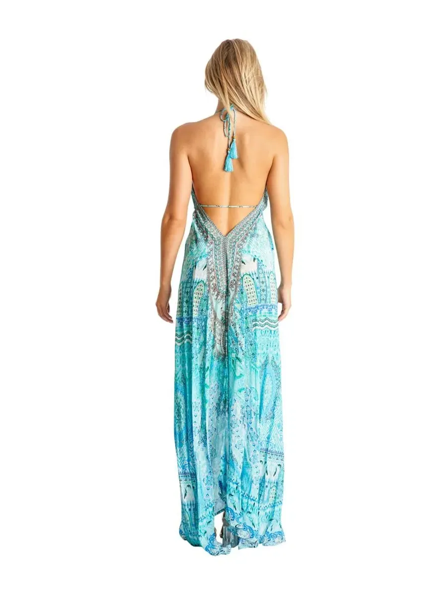 Макси-платье с принтом, модель Women's Maxi halter neck dress La Moda Clothing — изображение 3 из 3, синий