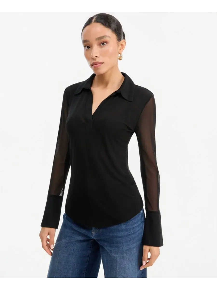 Блузка с воротником и сетчатым трикотажем, модель Mesh Collared Long-Sleeve I.N.C. International