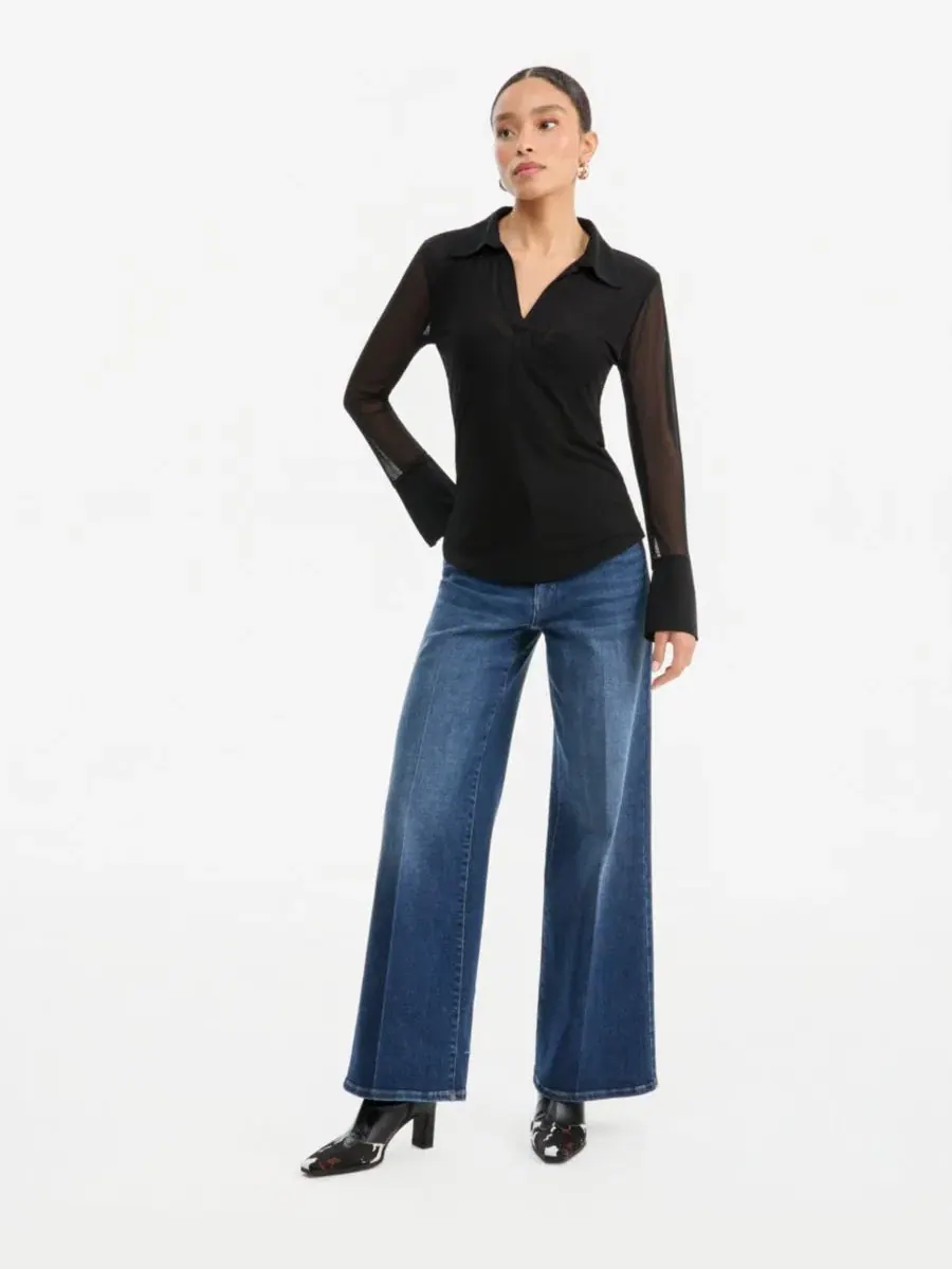 Блузка с воротником и сетчатым трикотажем, модель Mesh Collared Long-Sleeve I.N.C. International — изображение 2 из 4