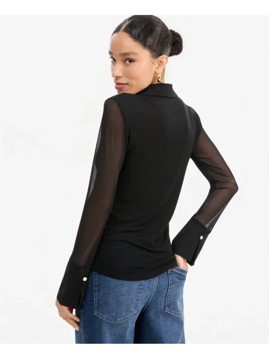 Блузка с воротником и сетчатым трикотажем, модель Mesh Collared Long-Sleeve I.N.C. International — изображение 3 из 4