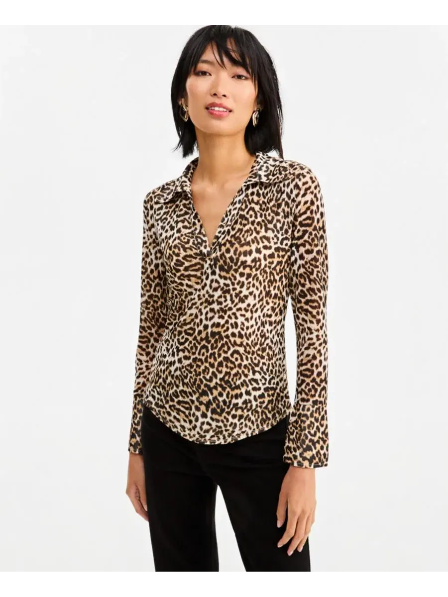 Блузка с воротником и длинным рукавом из сетки I.N.C. International Concepts, Hani Cheetah
