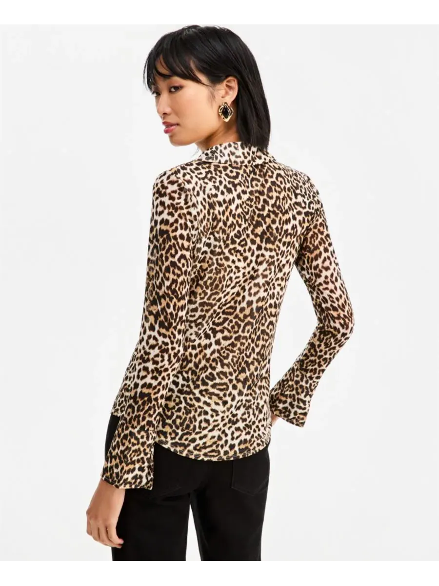 Блузка с воротником и длинным рукавом из сетки I.N.C. International Concepts, Hani Cheetah — изображение 3 из 6