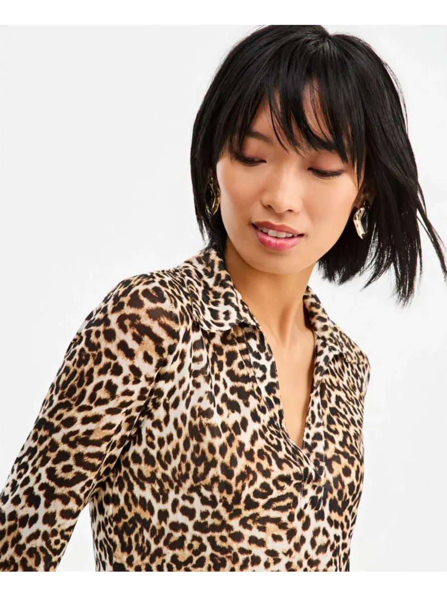 Блузка с воротником и длинным рукавом из сетки I.N.C. International Concepts, Hani Cheetah — изображение 4 из 6
