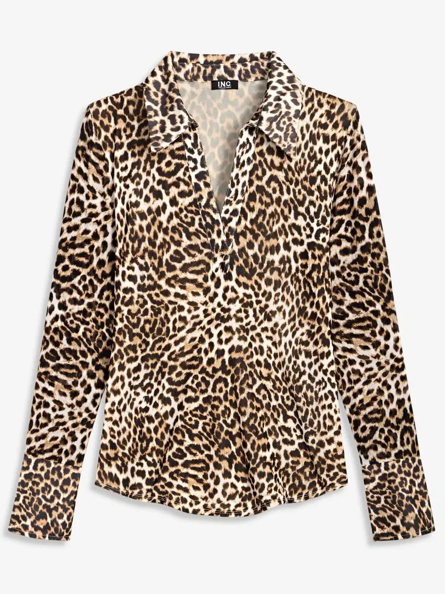 Блузка с воротником и длинным рукавом из сетки I.N.C. International Concepts, Hani Cheetah — изображение 5 из 6