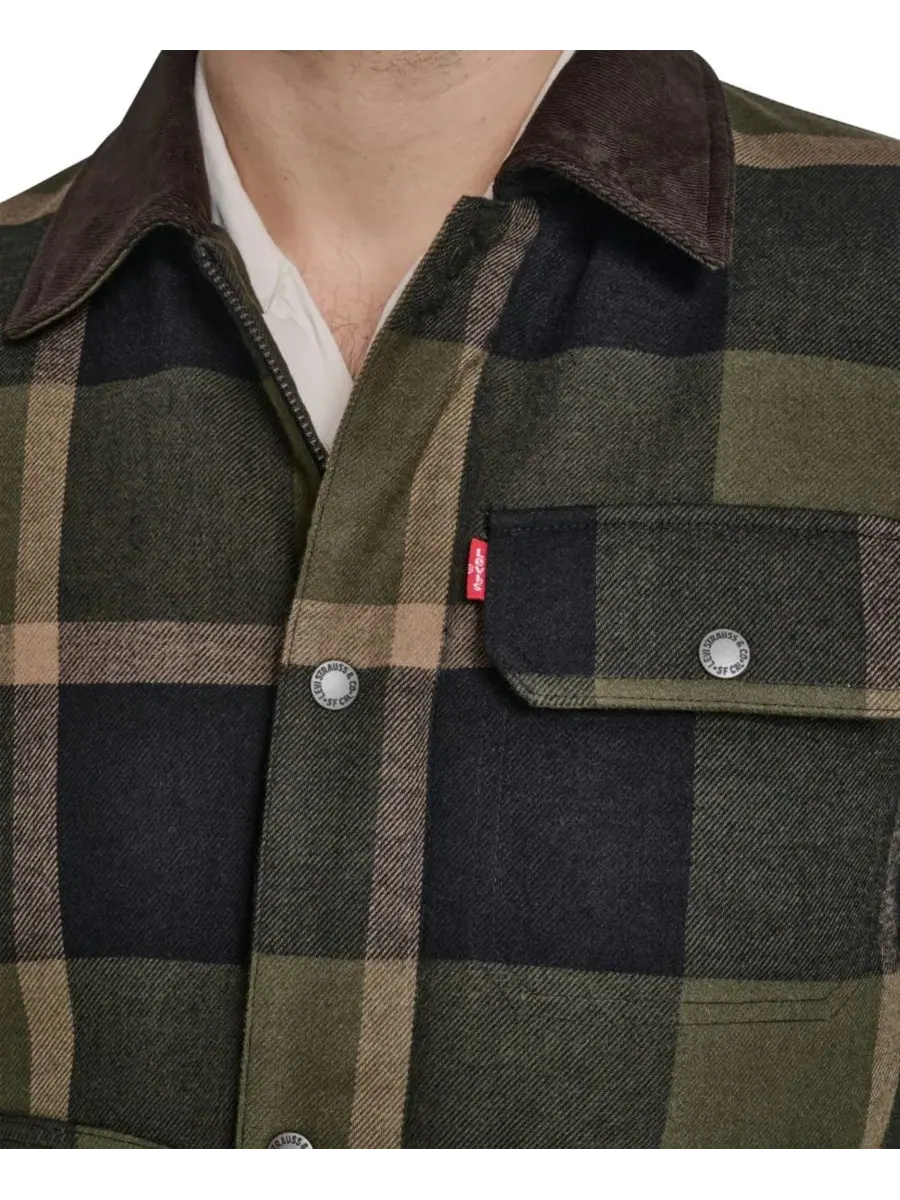 Фланелевая рубашка-куртка с воротником из вельвета, на молнии и пуговицах Levi's — изображение 4 из 7, оливковый/черный