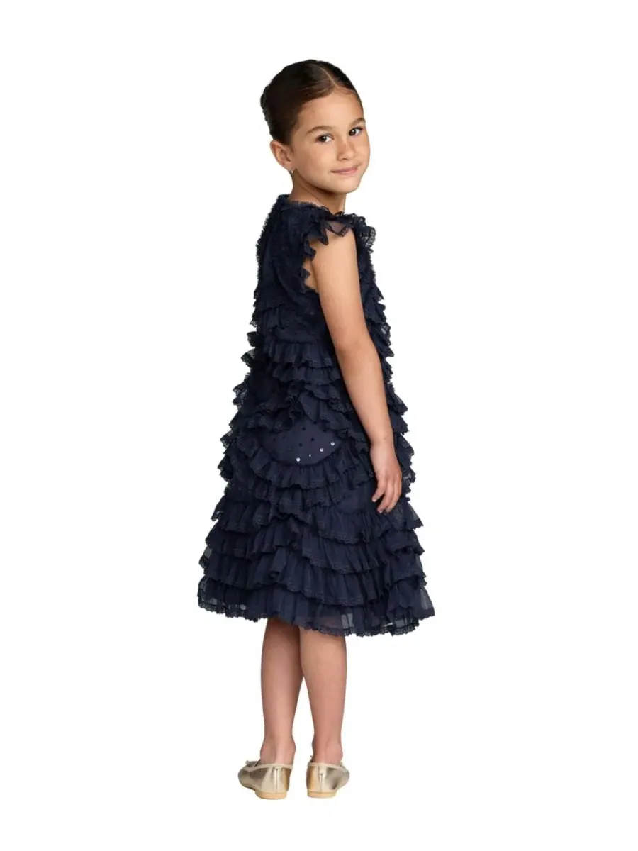 Платье с микро-рюшами Big Girls High Neck Cap Sleeve Micro Ruffle Dress Mac Duggal — изображение 2 из 3, синий