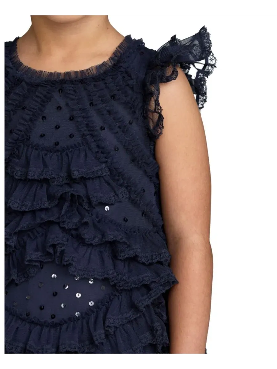 Платье с микро-рюшами Big Girls High Neck Cap Sleeve Micro Ruffle Dress Mac Duggal — изображение 3 из 3, синий