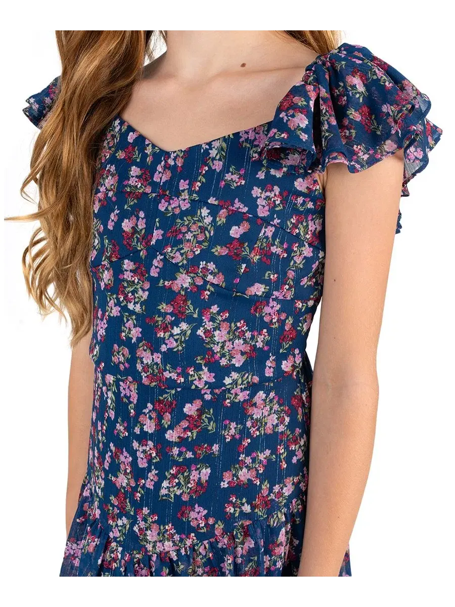 Платье из шифона с люрексом и рюшами Floral Lurex Stripe Chiffon Dress Rare Editions — изображение 2 из 7, темно-синий