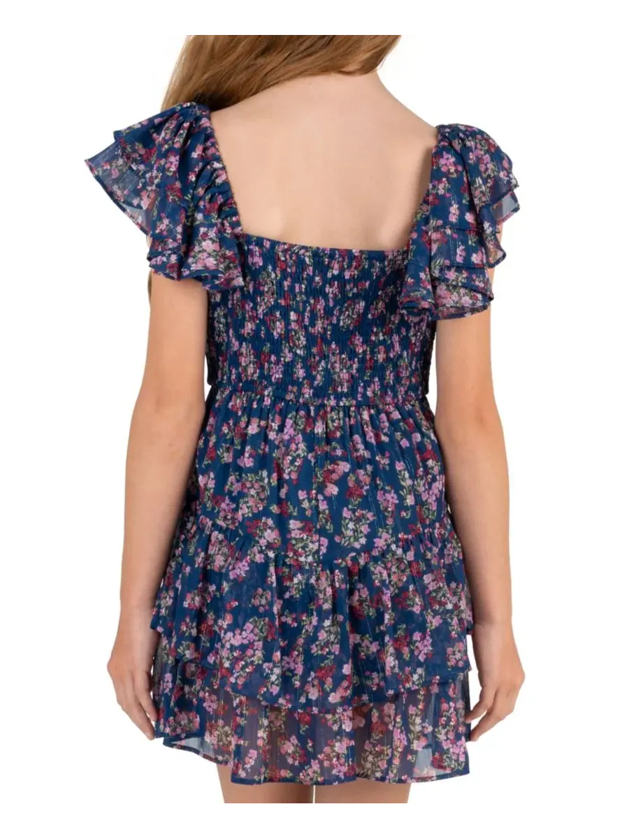Платье из шифона с люрексом и рюшами Floral Lurex Stripe Chiffon Dress Rare Editions — изображение 3 из 7, темно-синий