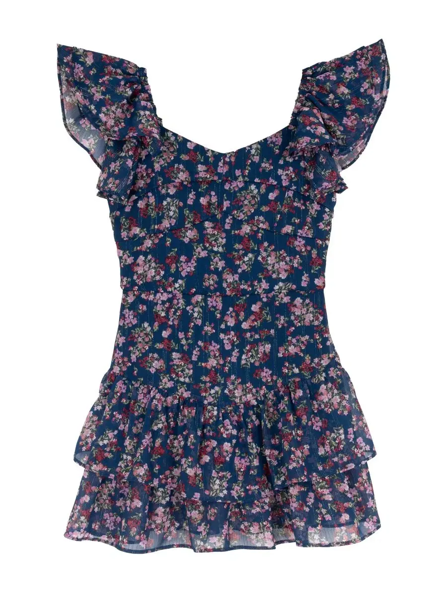 Платье из шифона с люрексом и рюшами Floral Lurex Stripe Chiffon Dress Rare Editions — изображение 4 из 7, темно-синий