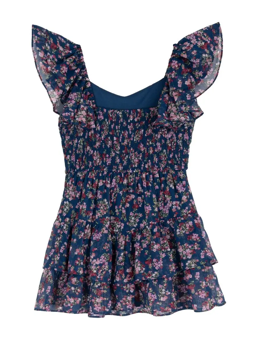 Платье из шифона с люрексом и рюшами Floral Lurex Stripe Chiffon Dress Rare Editions — изображение 5 из 7, темно-синий