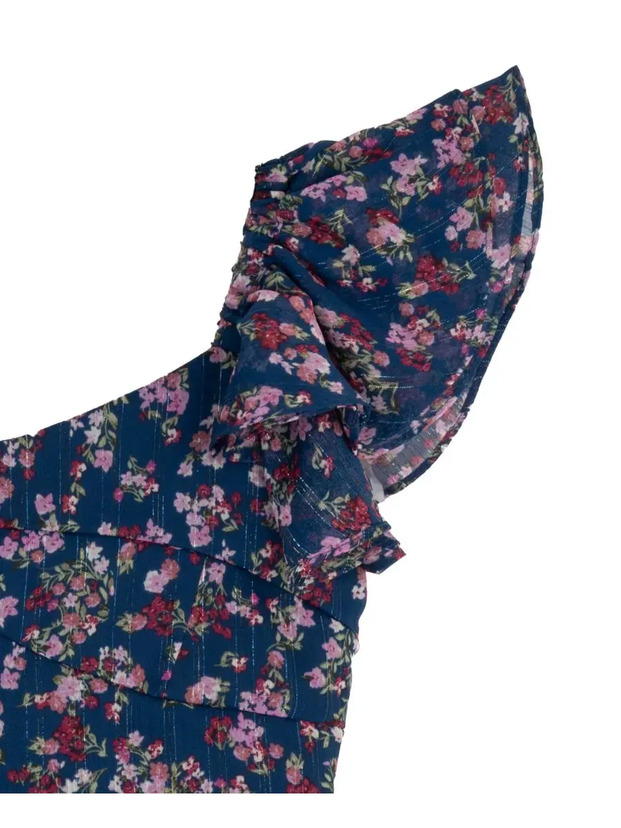 Платье из шифона с люрексом и рюшами Floral Lurex Stripe Chiffon Dress Rare Editions — изображение 6 из 7, темно-синий