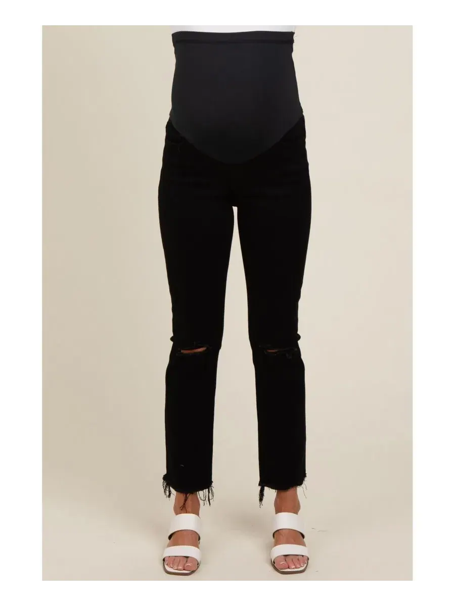 Джинсы для беременных с открытым коленом и прямым кроем, модель Cut Hem Open Knee Straight Leg — изображение 4 из 6, черный
