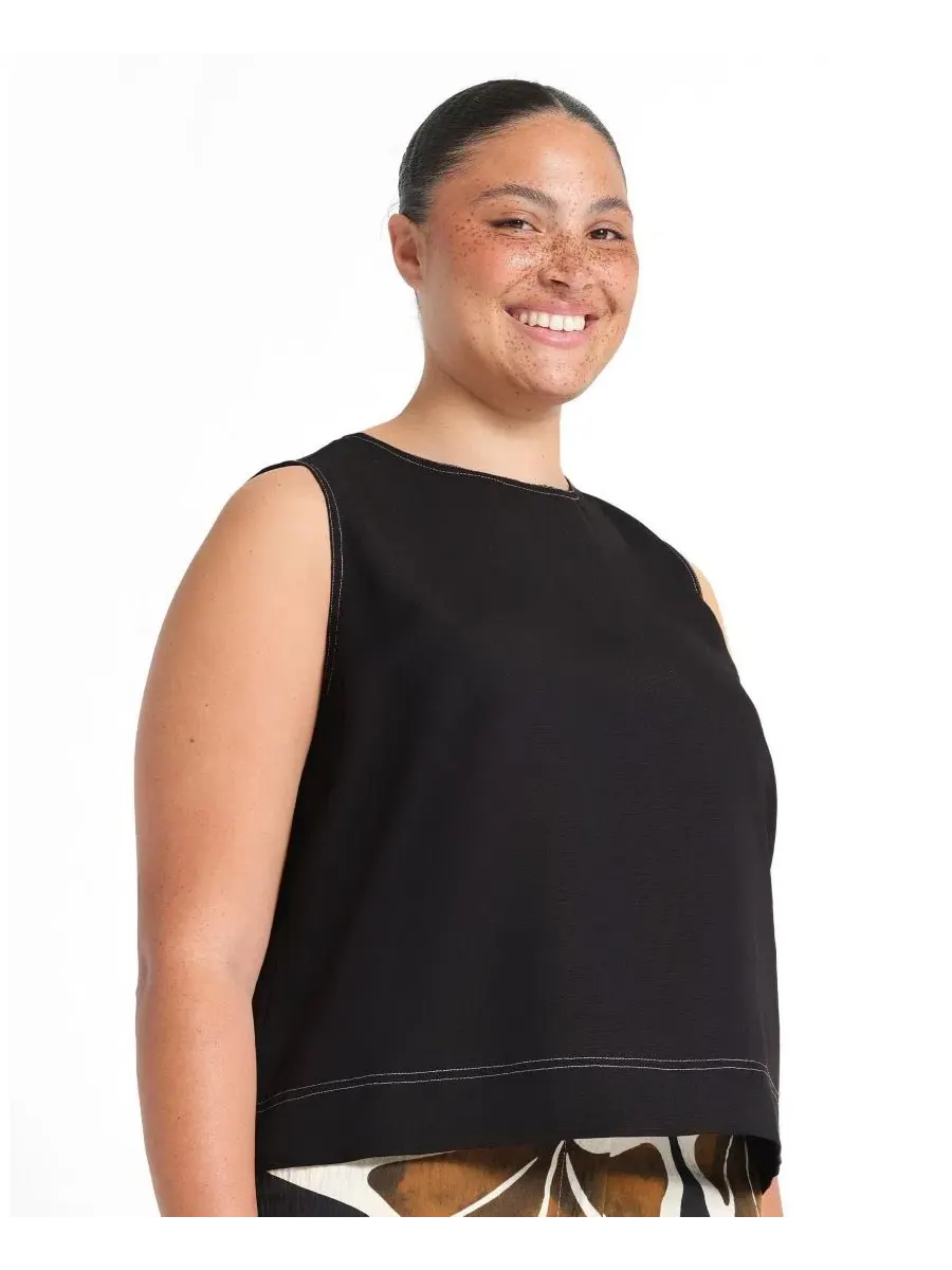 Топ без рукавов Shae Linen Contrast Crew Tank Top ESTELLE — изображение 2 из 7, черный