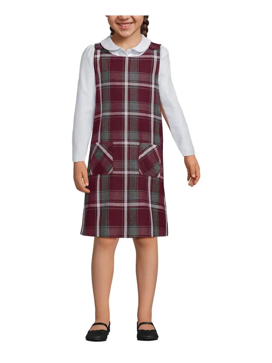Платье-джемпер с пуговицами на плечах и накладными карманами Big Girls Plaid Button Shoulder Patch — изображение 1 из 4