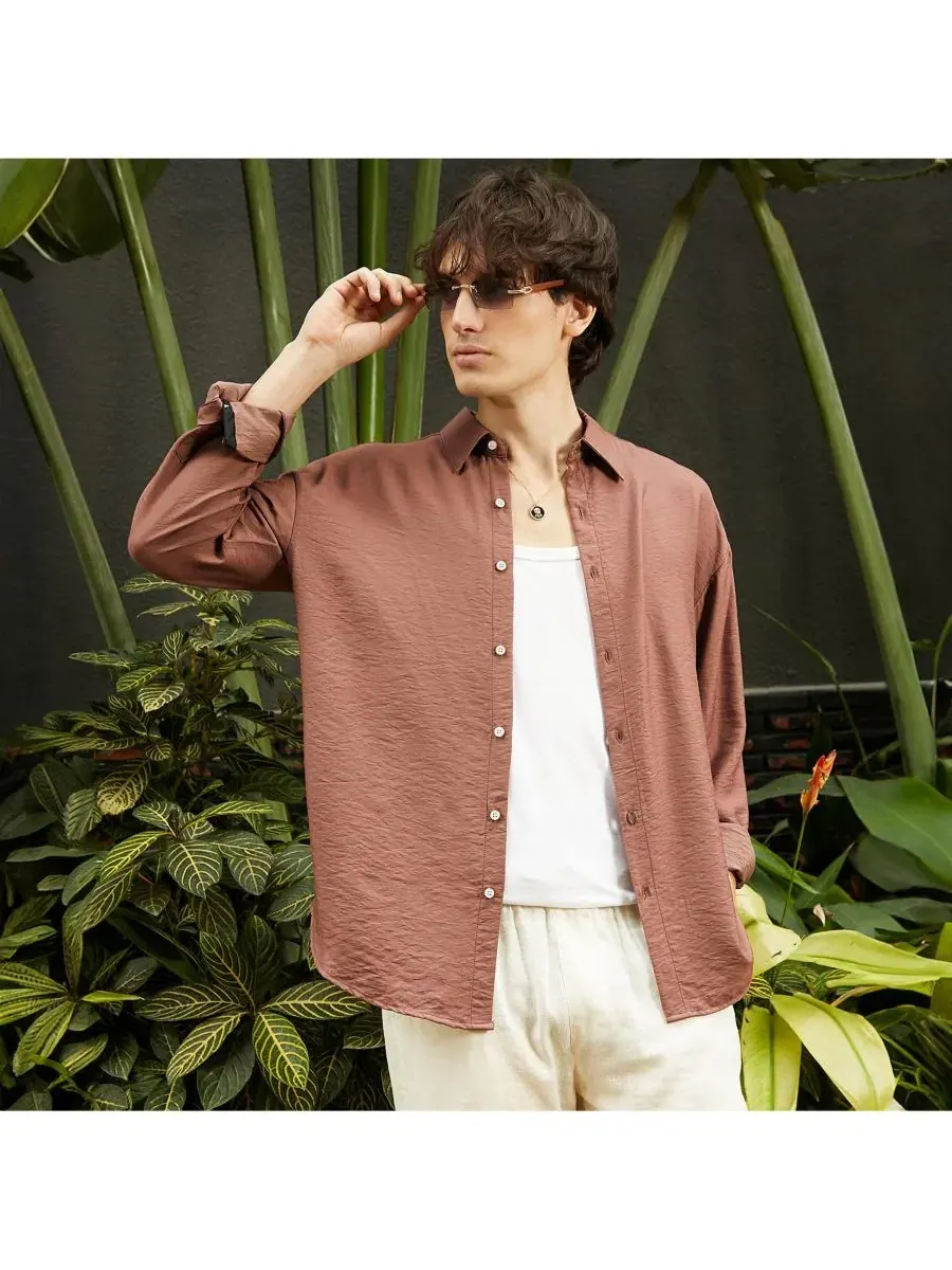 Мужская рубашка с длинным рукавом Breezy Wrinkled Shirt Campus Sutra — изображение 4 из 7, коричневый