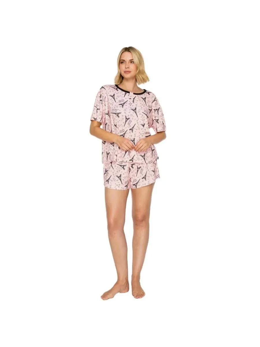Комплект пижамы с коротким рукавом и шортами, модель Yummy Henley Studio Badgley Mischka — изображение 1 из 9, розовый
