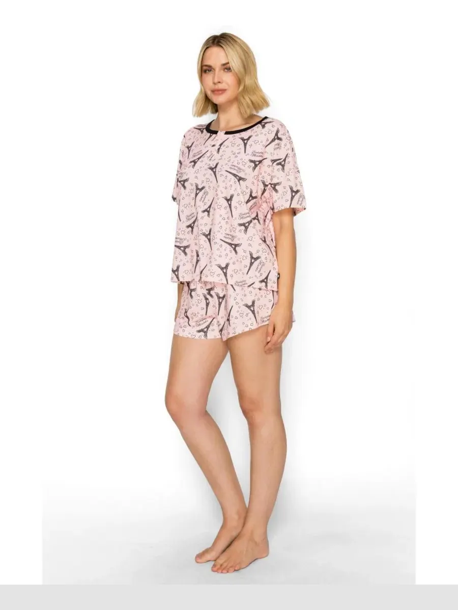Комплект пижамы с коротким рукавом и шортами, модель Yummy Henley Studio Badgley Mischka — изображение 2 из 9, розовый